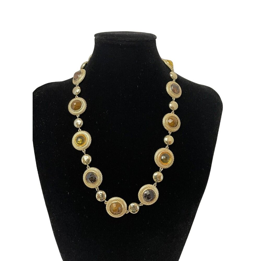 Gold-Tone Statement Necklace With Amber 19" Smoky Quartz Colored Stones Adjustab